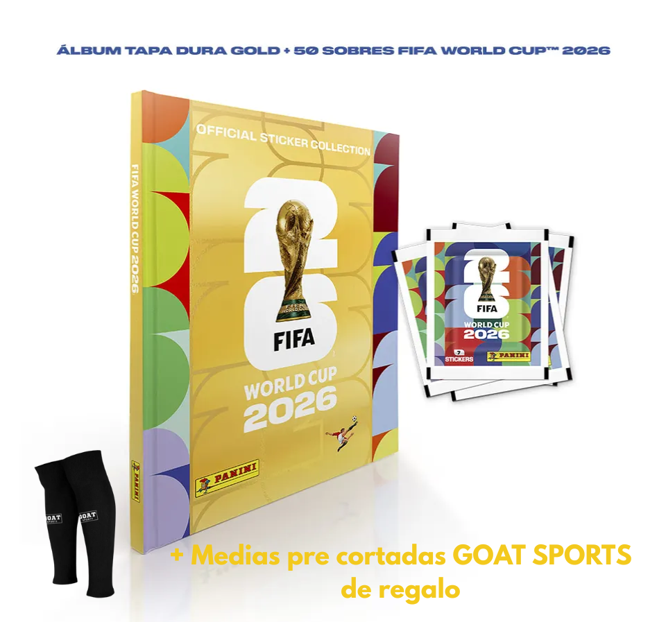 ÁLBUM TAPA DURA GOLD + 50 SOBRES FIFA WORLD CUP 2026 + MEDIAS DE REGALO