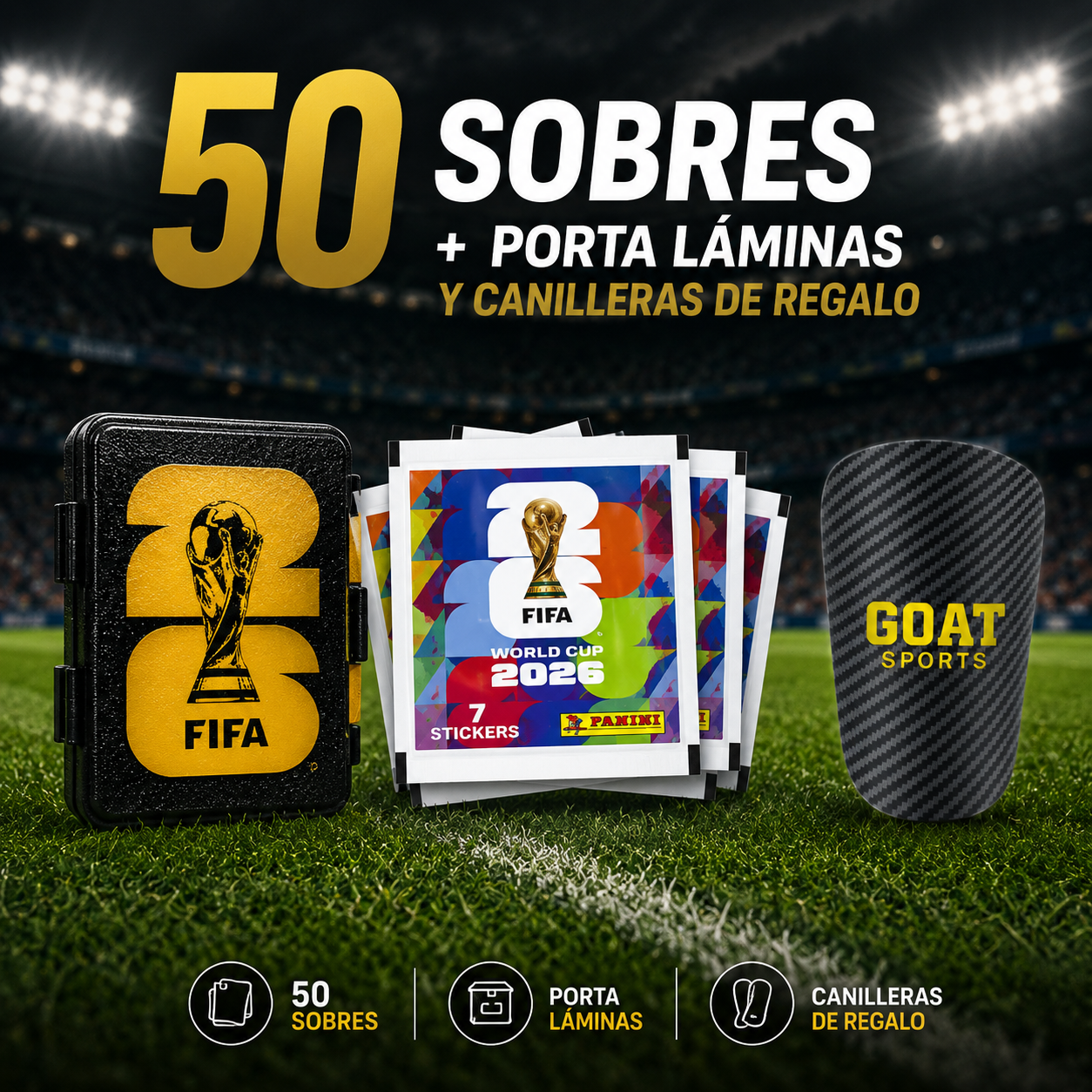 50 SOBRES FIFA WORLD CUP 2026 + PORTA LAMINAS Y CANILLERAS DE REGALO