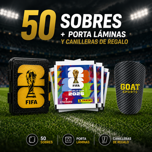 50 SOBRES FIFA WORLD CUP 2026 + PORTA LAMINAS Y CANILLERAS DE REGALO