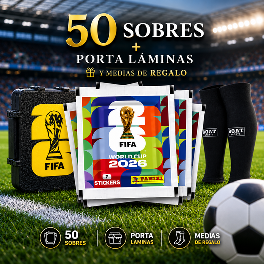50 SOBRES FIFA WORLD CUP 2026 + PORTA LAMINAS Y MEDIAS DE REGALO
