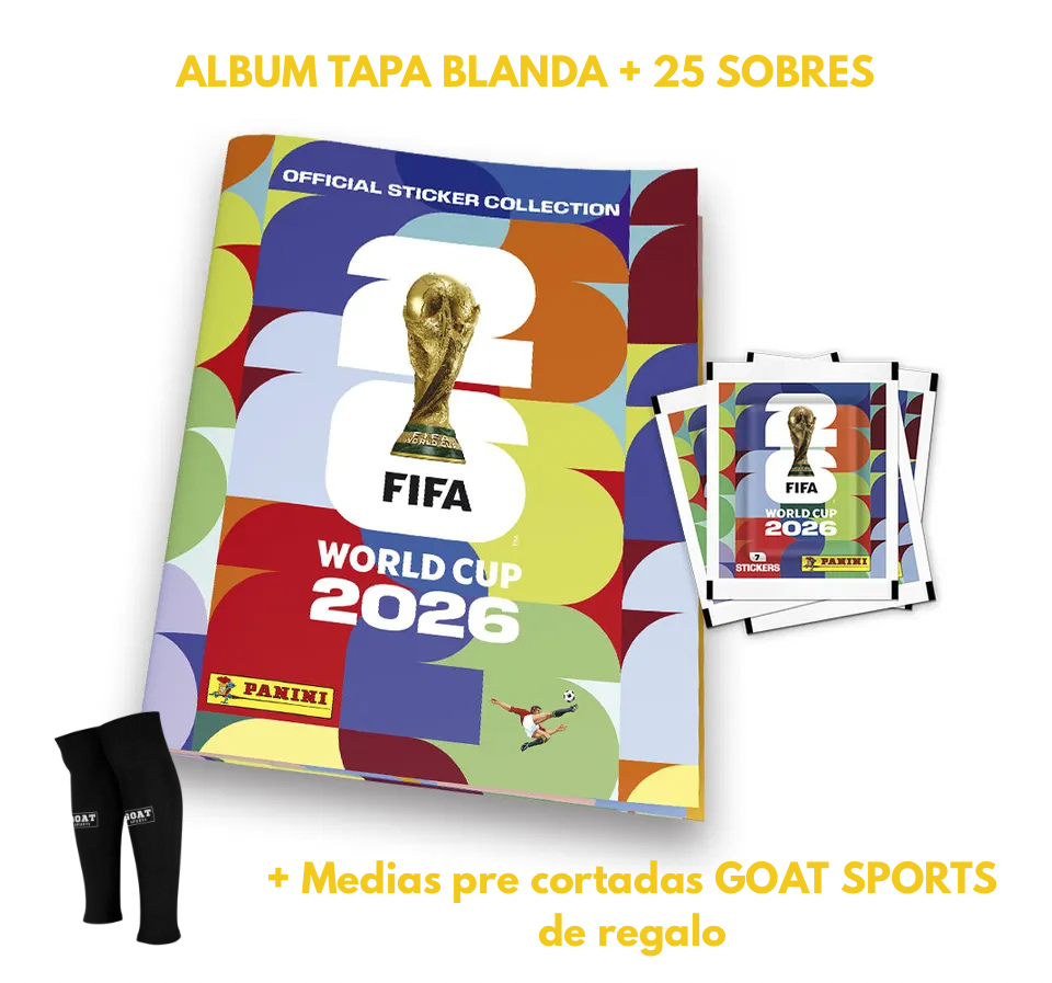 ÁLBUM TAPA BLANDA + 25 SOBRES FIFA WORLD CUP 2026 + MEDIAS PRE CORTADAS DE REGALO