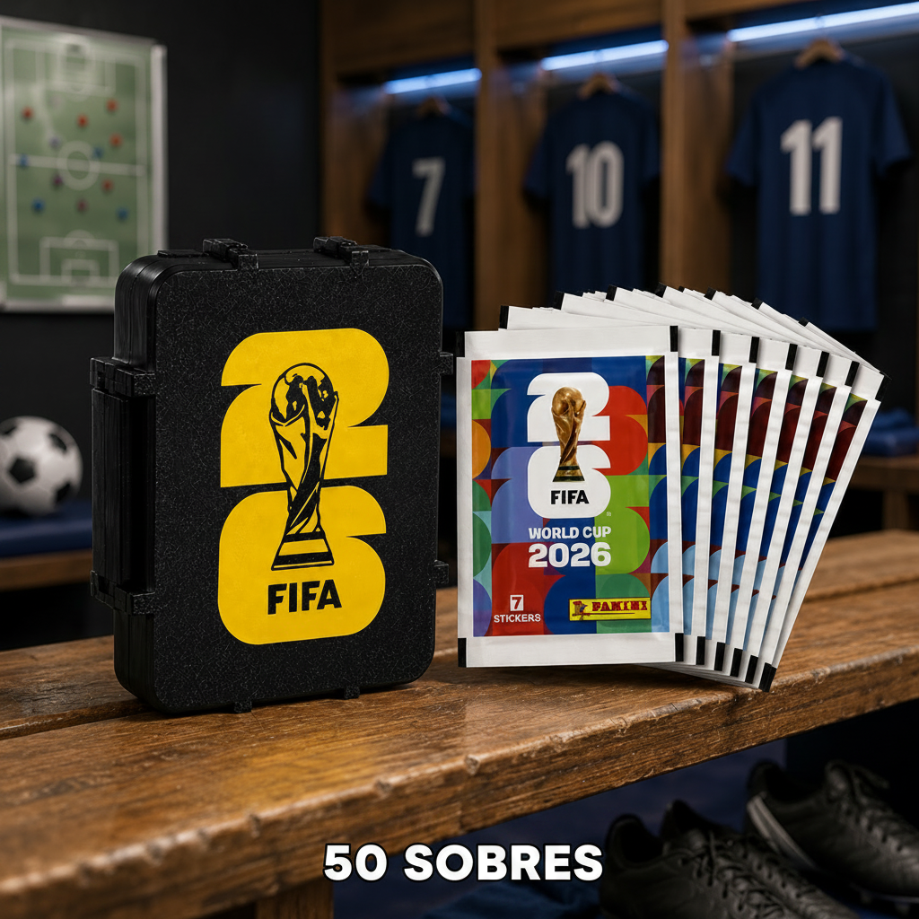 50 SOBRES FIFA WORLD CUP 2026 + PORTA LAMINAS Y CANILLERAS DE REGALO