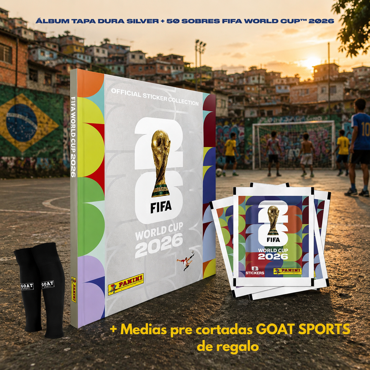 ÁLBUM TAPA DURA SILVER + 50 SOBRES FIFA WORLD CUP 2026 + MEDIAS DE REGALO