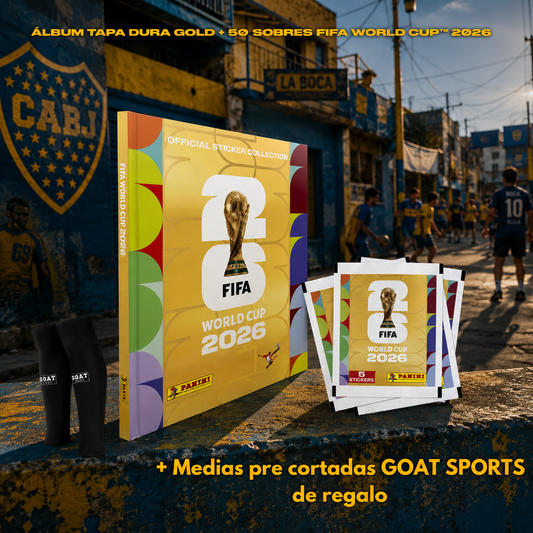 ÁLBUM TAPA DURA GOLD + 50 SOBRES FIFA WORLD CUP 2026 + MEDIAS DE REGALO